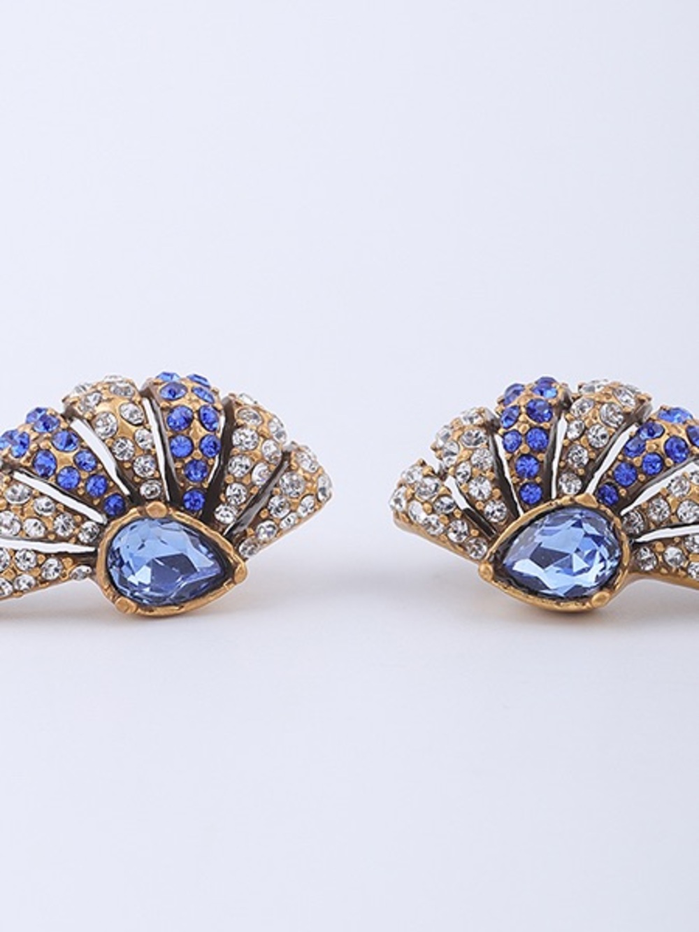 Gold-Tone Blue Crystal Fan Stud Earrings vintage inspired 925s silver posts